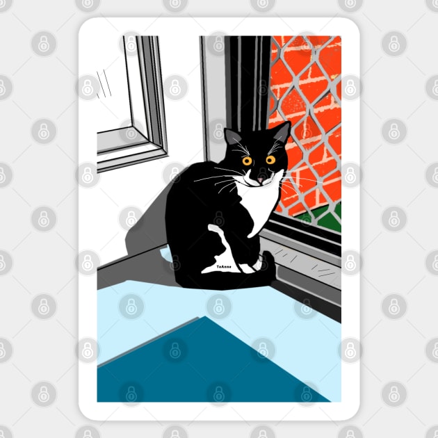 Cute Tuxedo cat sitting at the front door Copyright by TeAnne Sticker by TeAnne